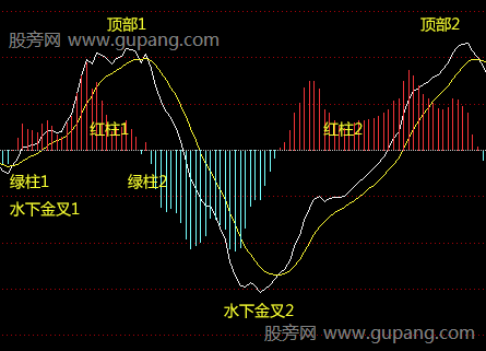 MACD指标双顶形态，MACD指标的黄白线与红绿柱及